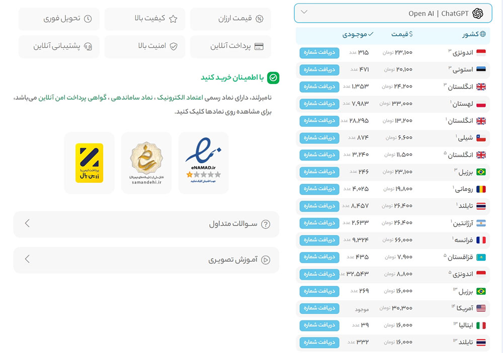 لیست شماره موبایل های مجازی برای چت جی پی تی