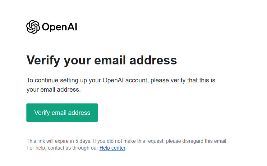 کلیک بر روی دکمه Verufy email address در ایمیل فرستاده شده از طرف OpenAI برای تایید ایمیل و ساخت اکانت در چت جی پی تی